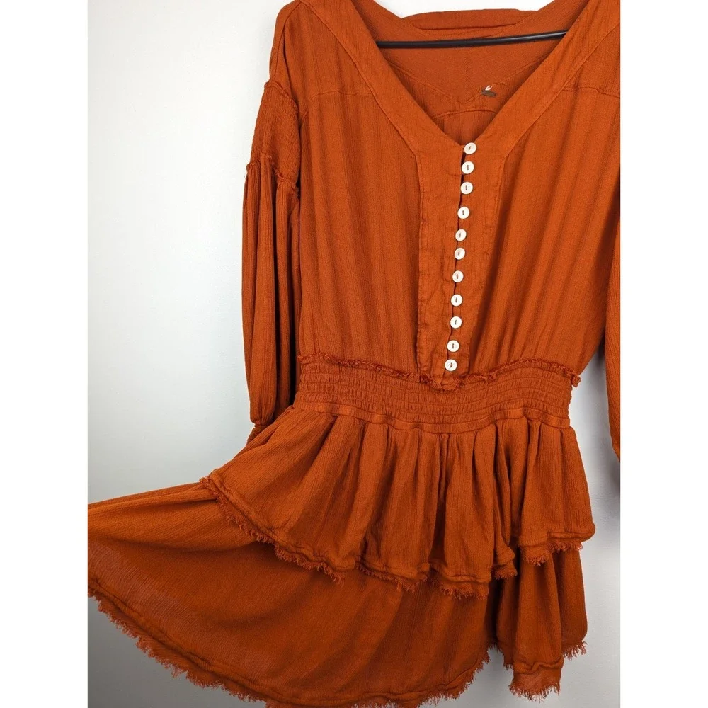 Free People Womens Romy Mini Dress XS Smocked Ruffle Tiered Orange Boho Festival